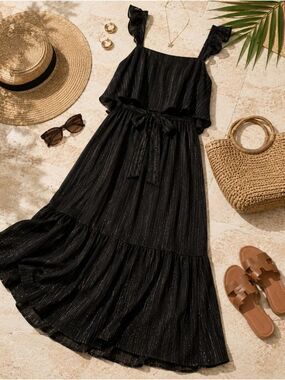 Andrée Black Shimmer Maxi Dress L Resort Chic Coastal Luxe Glam NWT